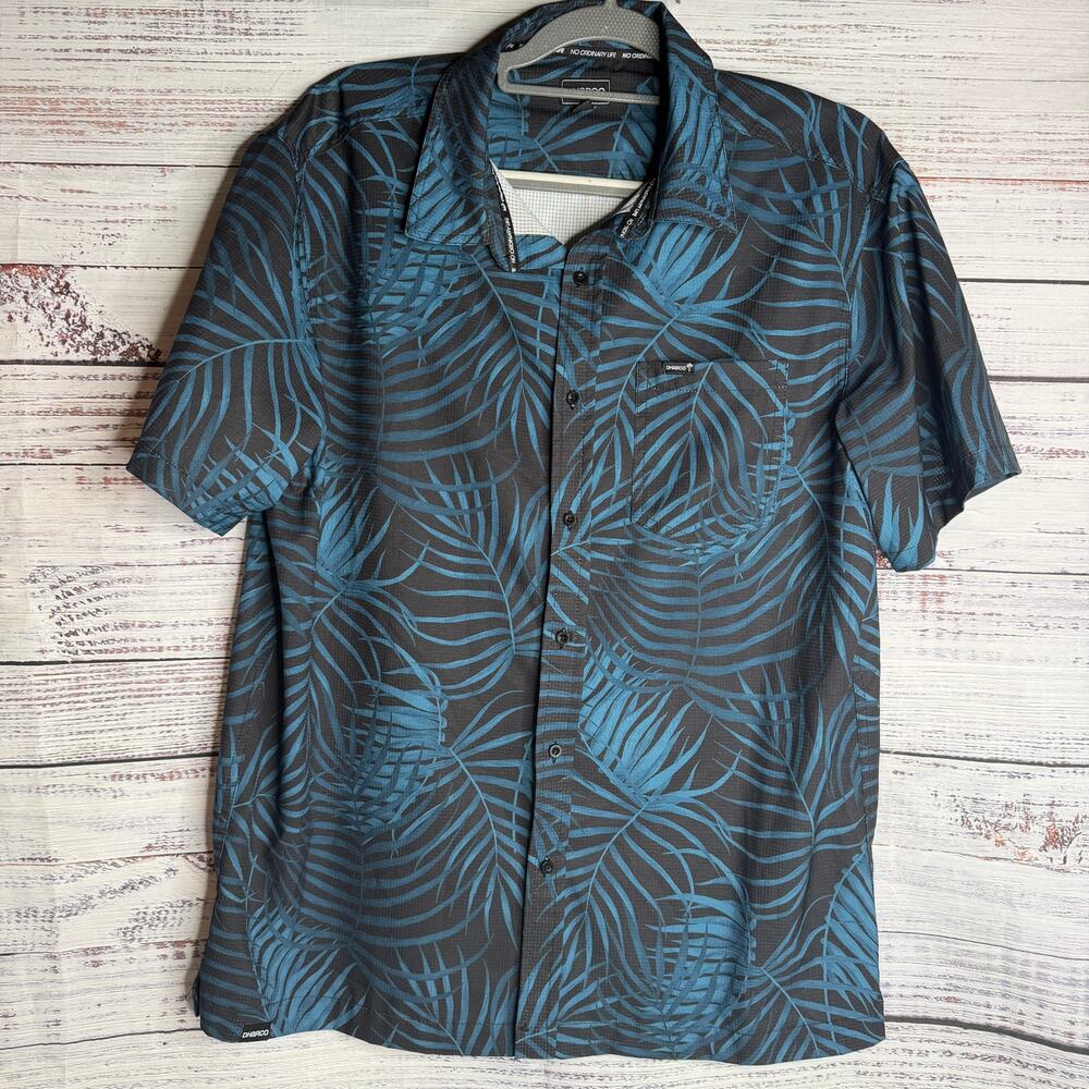 DHARCO Mens Large Hawaiian Shirt Blue Black Tropical Leaf MTB Cycling Button Up